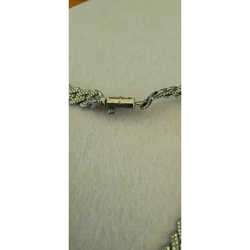 Vintage Rhinestone Curb Chain Choker Necklace Silver Tone 14in Statement Flaw - Picture 7 of 11